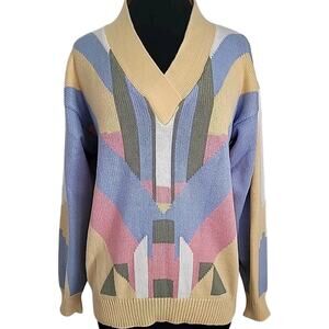 VTG IZOD Club 80s Pop Art Sweater Women’s L Colorblock V-Neck EUC